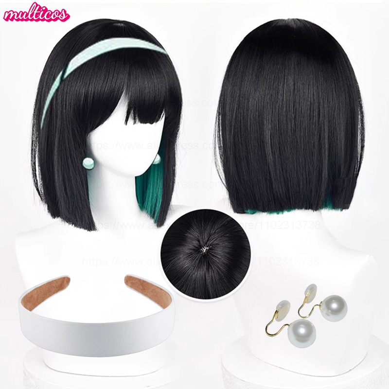 Wysokiej jakości peruka do cosplayu Anime Sua, 30 cm, czarno-zielona, mieszana, bobo, odporna na ciepło, syntetyczne włosy, peruki do odgrywania ról na Halloween + czepek pod perukę