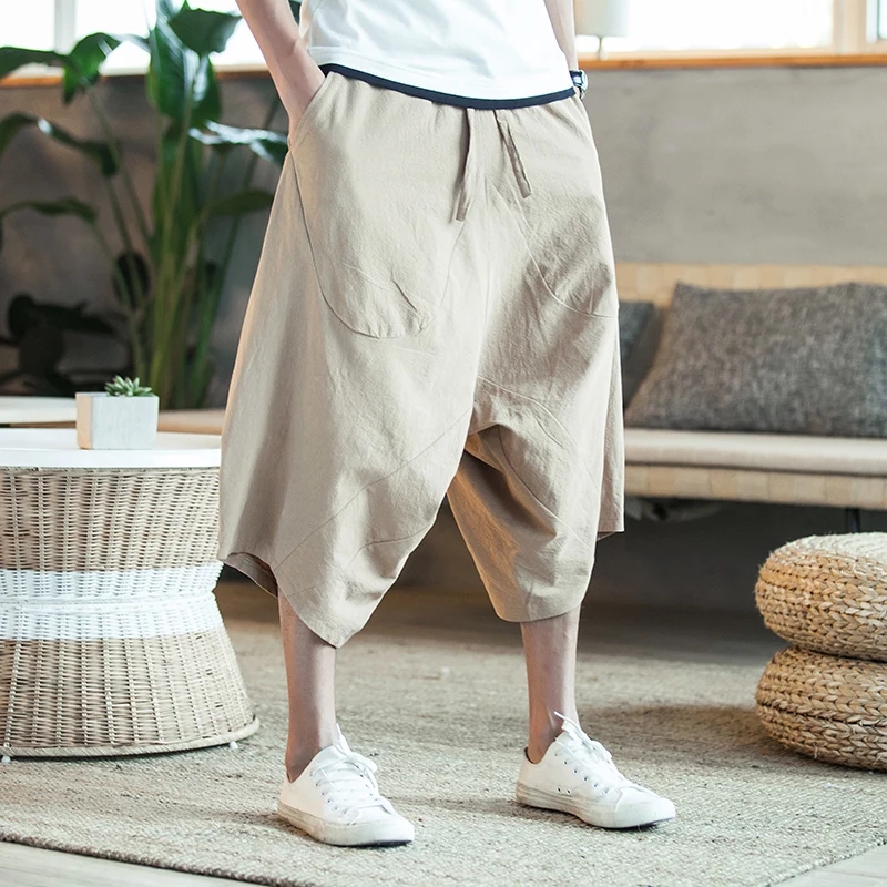 Calças Harem Harajuku Masculinas de Verão em Algodão e Linho Respiráveis, Shorts Vintage Confortáveis de Cor Sólida, Calças Oversize na Altura da Panturrilha