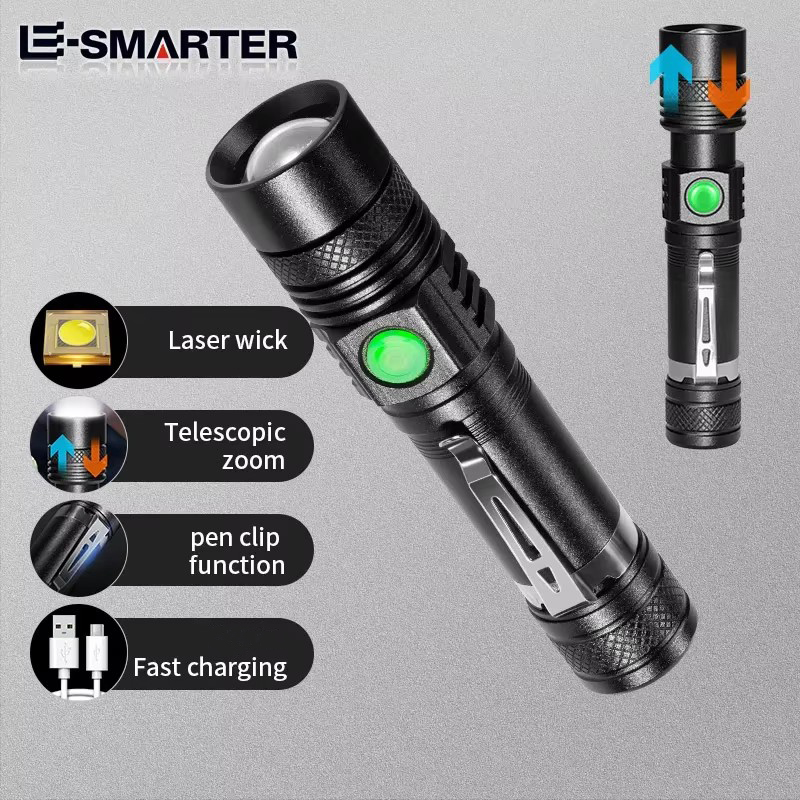 ไฟฉาย LED แรงสูงไฟฉายตั้งแคมป์แบบซูมได้พร้อมหลอดไฟ LED T6โหมดแสง4โหมดกันน้ำที่ชาร์จ USB อเนกประสงค์