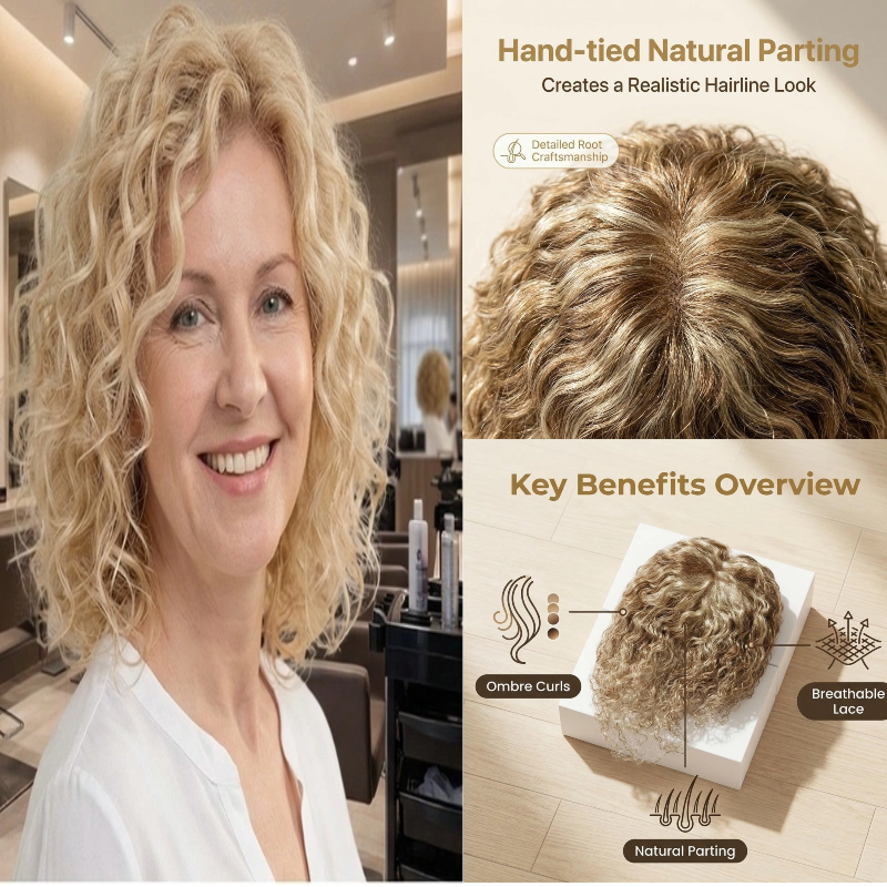 Topper per capelli in pizzo svizzero completo, 100% capelli umani, annodato a mano |   Parrucca leggera come l'aria con clip |   Spedizione Rapida Water Wave