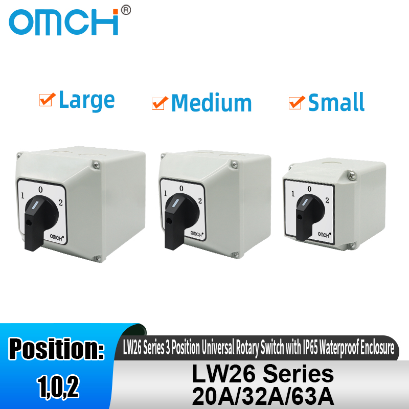 OMCH 1PCS LW26 Series 3 Position Universal Rotary Switch with IP65 Waterproof Enclosure 20A/32A/63A 1/2/3/4Pole Switch