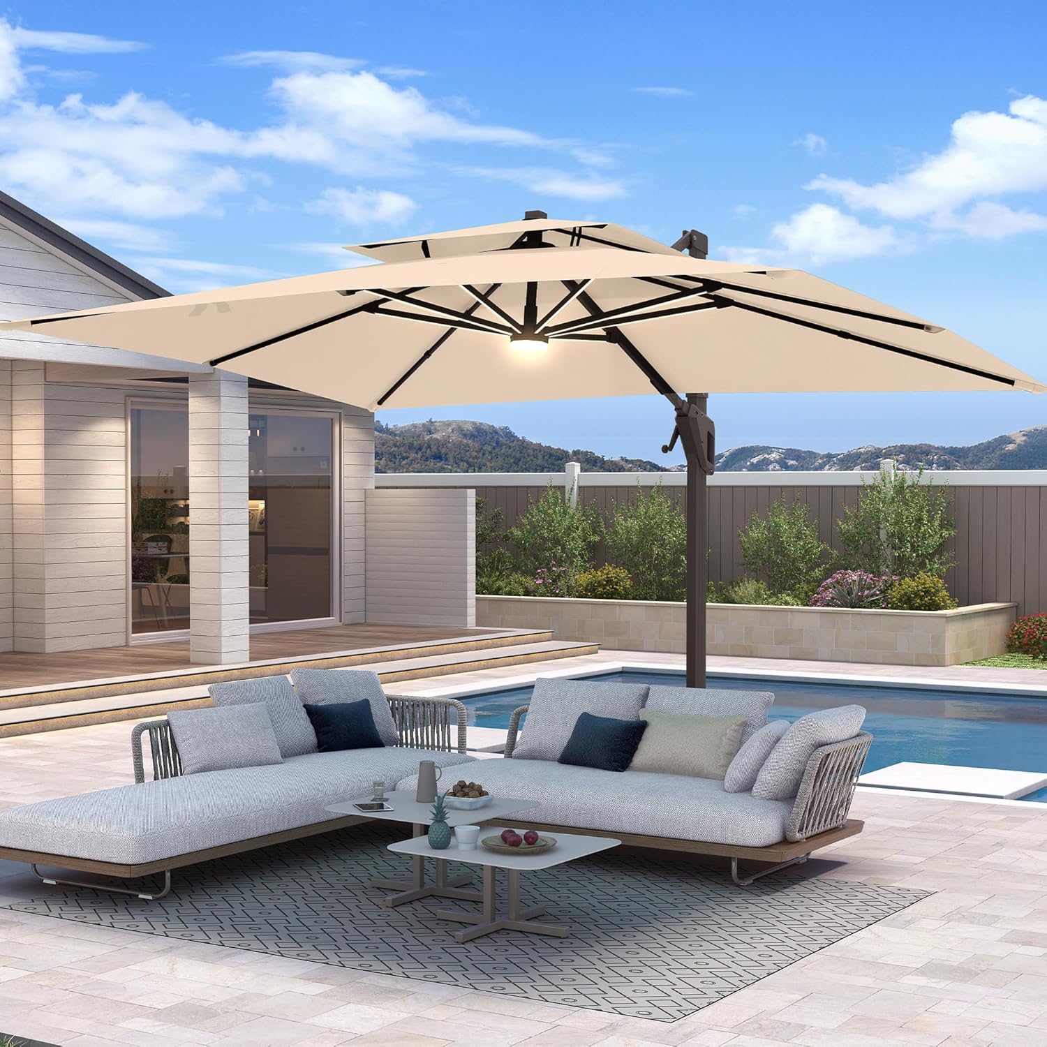 Parasol de terrasse cantilever 10 x 13 pieds avec base incluse et éclairage LED, grand modèle rectangulaire à double toit, personnalisable