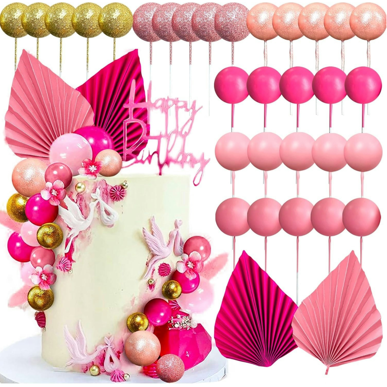 32 Uds bolas rosas decoración de pastel hojas rosas hojas de palma decoración de pastel decoración de pastel bohemio para boda fiesta de cumpleaños