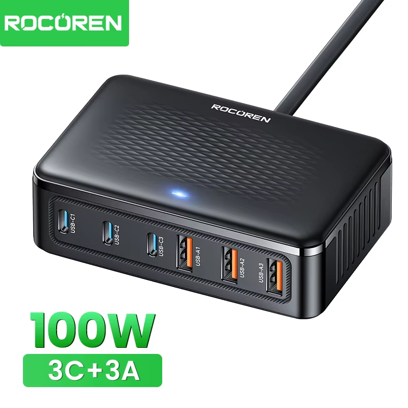 Rocoren USB Charger 100W GaN Charger 6-ports Desktop Fast Charging Type C Charger Portable Power Station For iPhone 17 16 Xiaomi