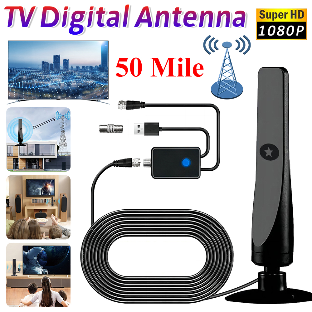 50-Meilen-Digital-TV-Antenne mit Signalverstärker für den Innenbereich, HDTV, verstärkter Signalverstärker, 4K HD 1080P, 25DBI, Plug-Play für den Außenbereich