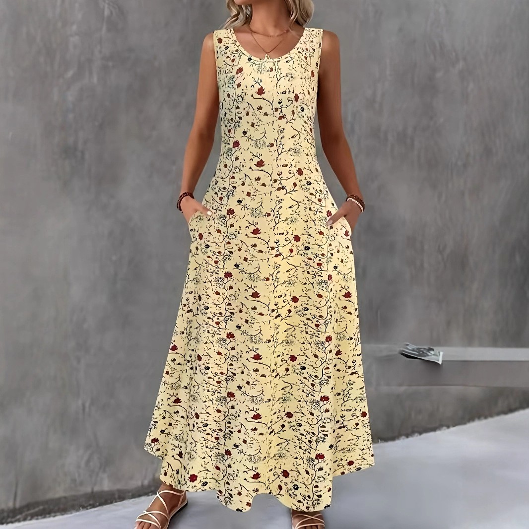 Gaun Maxi Motif Bunga Tanpa Lengan Kasual Musim Panas Wanita Gaun Panjang A-Line Leher O dengan Saku Gaun Pantai Longgar Vestidos
