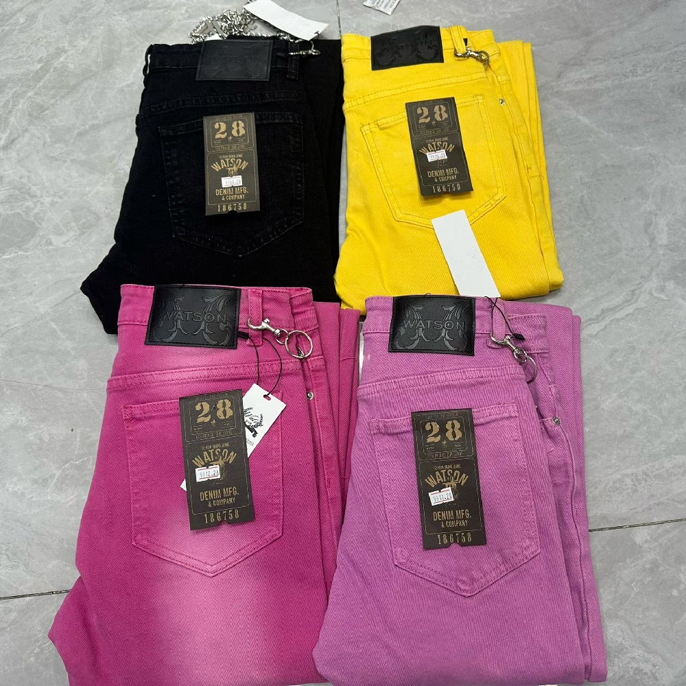 2026 Heren multi-pocket High Street kwaliteit Slim Fit Skinny lange Denim Flared jeansbroek in geel, rood en roze