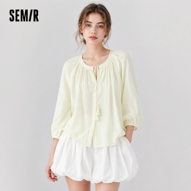 Semir Damesoverhemd 7/8 met lantaarnmouwen en kwastjes, oversized textuuroverhemd 2026 zomer artistieke stijl