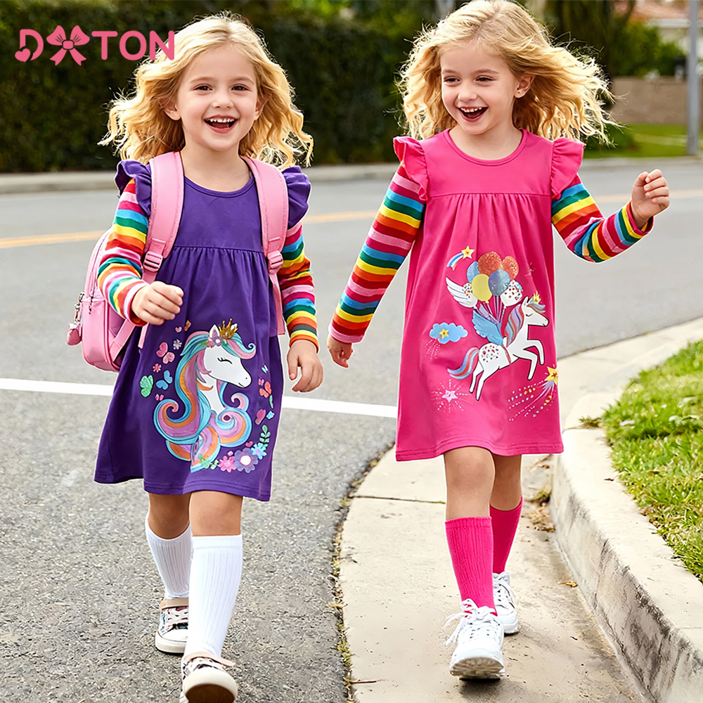 DXTON automne enfants robe trapèze rayé arc-en-ciel enfants tenue décontractée Licorne école enfants tenue fille dessin animé vacances vêtements