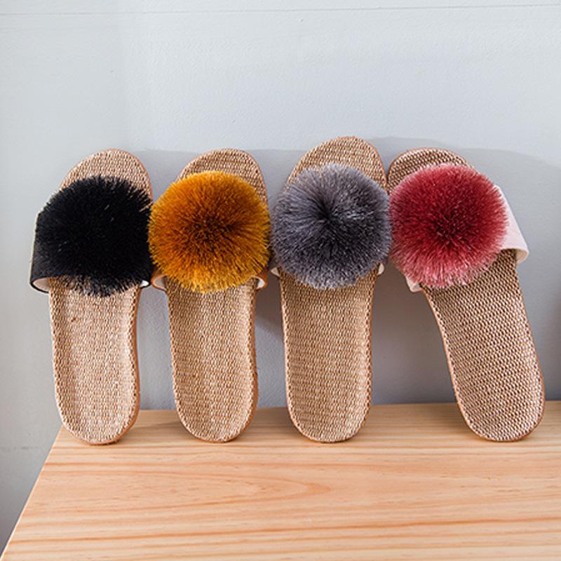 Zapatillas de plataforma de lino para mujer, zapatos de diseñador con bolas de pelo para el hogar, zapatillas elegantes informales a la moda para niñas, zapatos planos con punta abierta para interiores