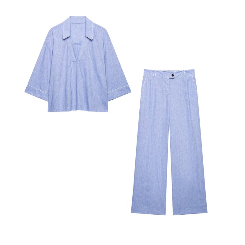 Dames High-Waist Broekset Tweedelig Nieuw 2026 Zomer V-hals Blouse met Piping en Rechte Broek Chique Vrouwelijke Outfit