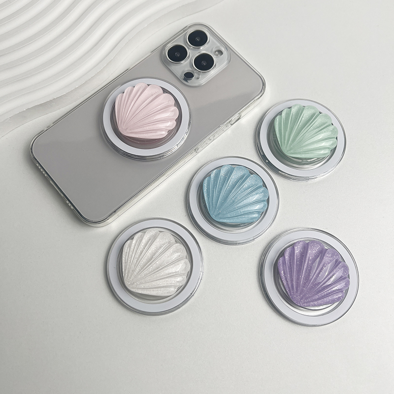 Niedlicher Harz-glänzender Muschelsockel-Telefonhalter mit Blumengriff für Magsafe IPhone Mac Samsung Safe Ring Finger-Erweiterungsständer
