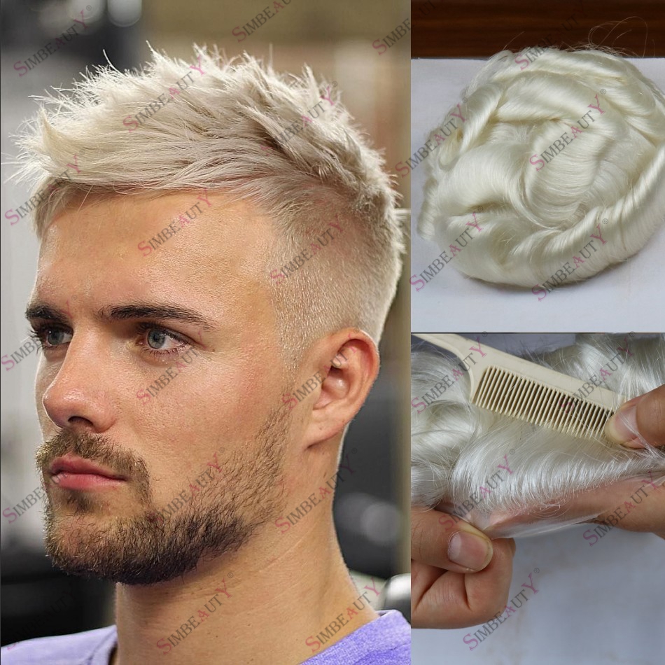 Rambut Palsu Pria Platinum Blonde 100% Rambut Asli Manusia dengan Sistem V-loop PU, Kepadatan 120-130%, Basis Kulit 0.06-0.08mm, Sistem Prostesis Rambut
