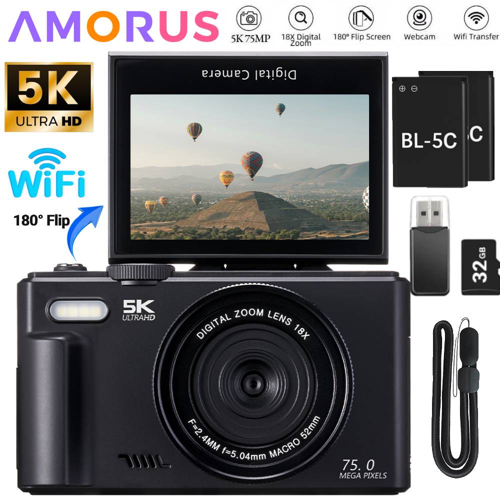 Appareil photo numérique 75MP pour la photographie, Zoom numérique 5K 18X, enregistreur vidéo Vlog Vintage pour YouTube 180 ° Selfil à écran rabattable WiFi