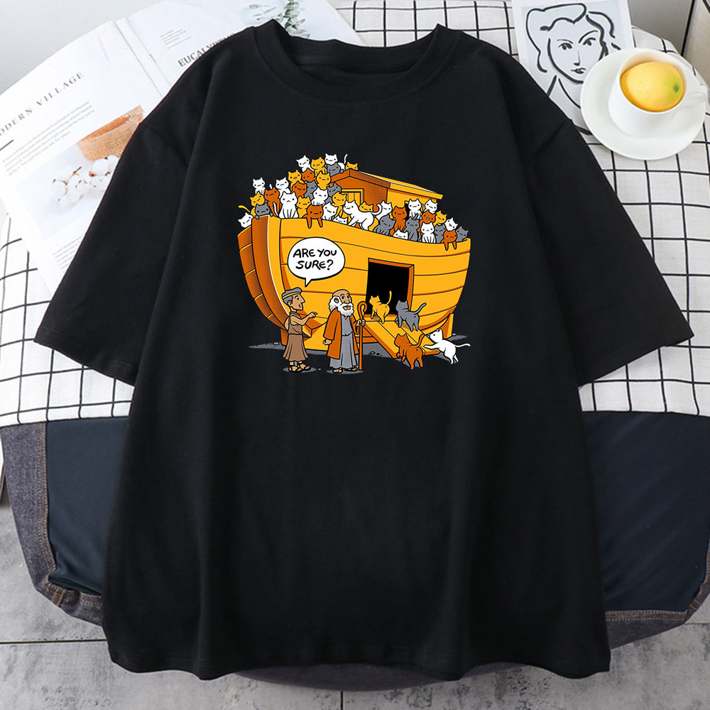 Cartoni animati stile arca di Noah cat Print magliette da donna semplici t-shirt Oversize moda top larghi t-shirt morbida e traspirante per le donne