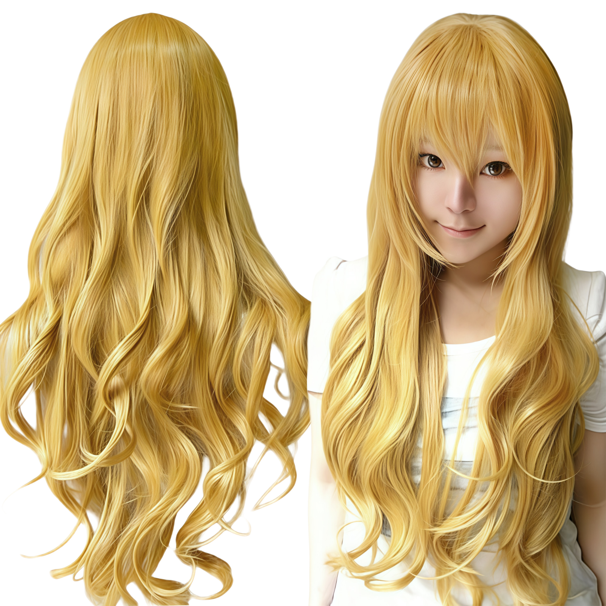 Peluca de pelo sintético largo y rizado, color amarillo, estilo Lolita, para cosplay, anime, Sailor Venus, disfraz de Halloween, peluca Mami Tomoe para mujer