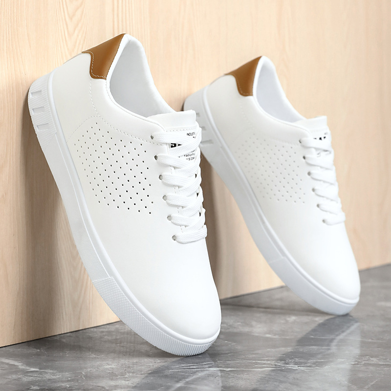 Men's Classic White Sneakers Casual Leather Lace-Up Shoes Breathable Perforated Lightweight Walking Shoes for Male