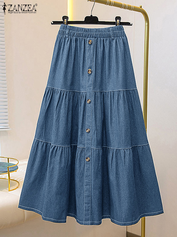 Autumn Elastic Waist Solid Skirts ZANZEA Fashion Women Denim Blue Skirt Elegant A-line Work Overskirts Casual Loose Holiday Jupe
