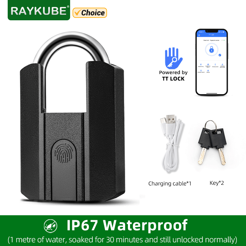 Raykube ip67 à prova dip67 água tt lock eletrônico cadeado de impressão digital com bateria recarregável embutida app chave desbloqueio