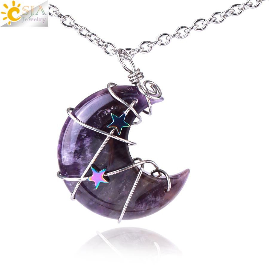 CSJA Kristall Crescent Mond und Stern Anhänger Halskette Healing Natürliche Stein Rosa Quarz Chakra Halsketten für Frauen Schmuck kristall anhänger edelsteine schmuck damen edelstein halskette heilsteine schmuck H010
