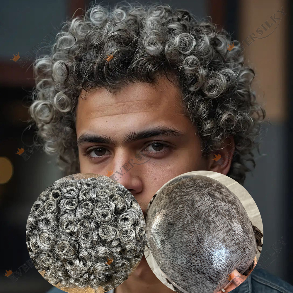 1B65 1B80 Sistem Rambut Abu-abu untuk Pria Tua, Toupee Rambut Manusia Keriting 20mm, Prostesis Rambut Super Tahan Lama dengan Basis PU Penuh, Wig Pria dengan Garis Rambut Alami