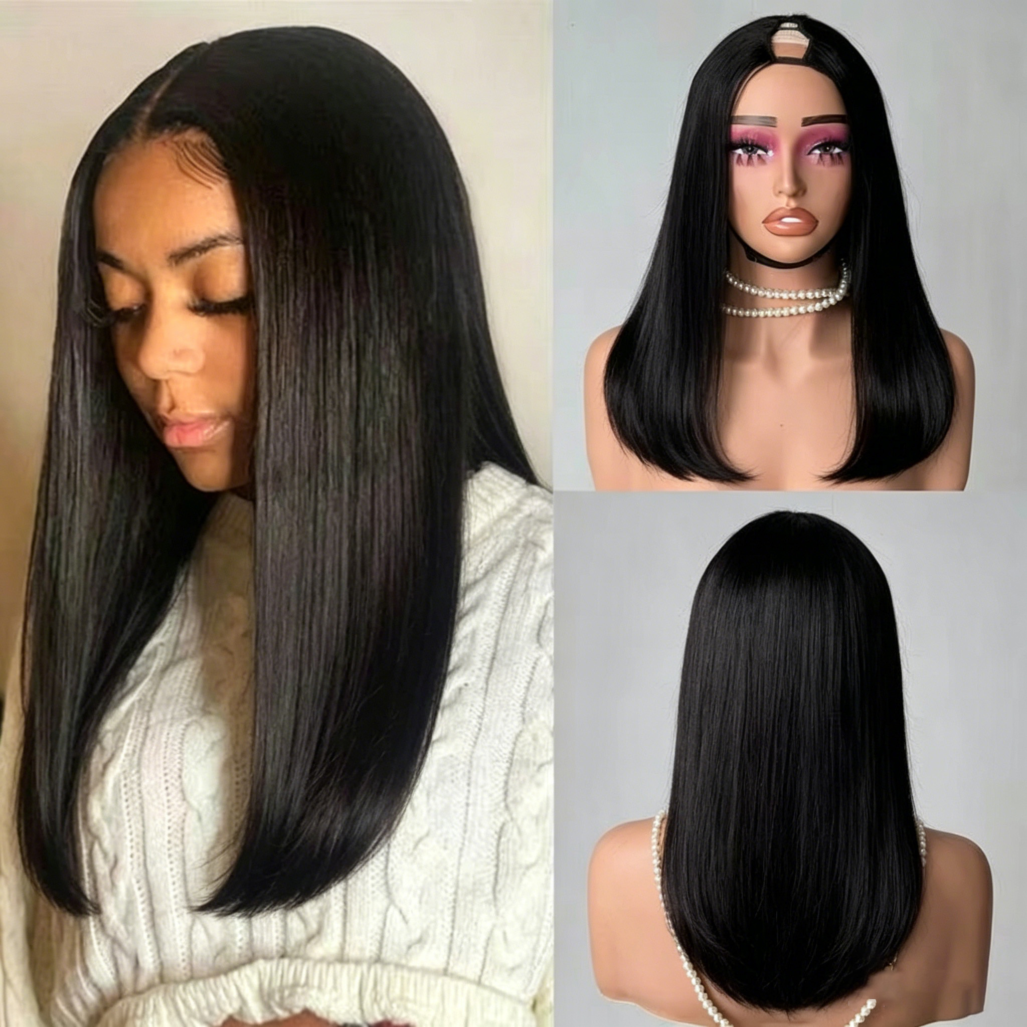 Peluca de cabello humano con parte en V, densidad 220%, lisa, fácil de usar para principiantes, 36 pulgadas, sin pegamento, sin necesidad de dejar cabello de fuera, fácil de instalar.
