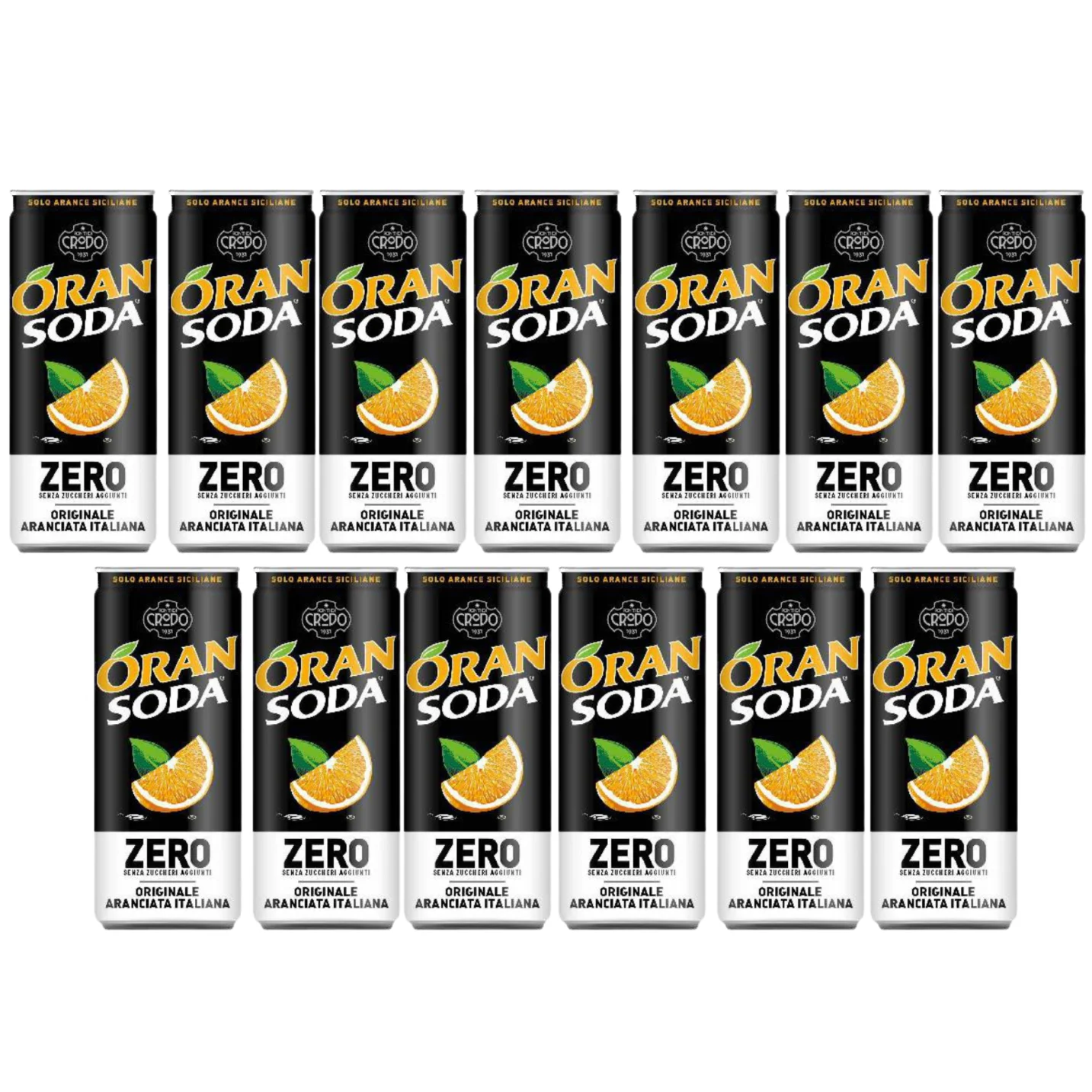 Fondi Di Crodo Oran Soda Zero, kohlensäurehaltiges Getränk, 13x330 ml, Dose, zuckerfreies Orangengetränk, italienische Orangenlimonade, Karton, HoReCa, Gastronomie