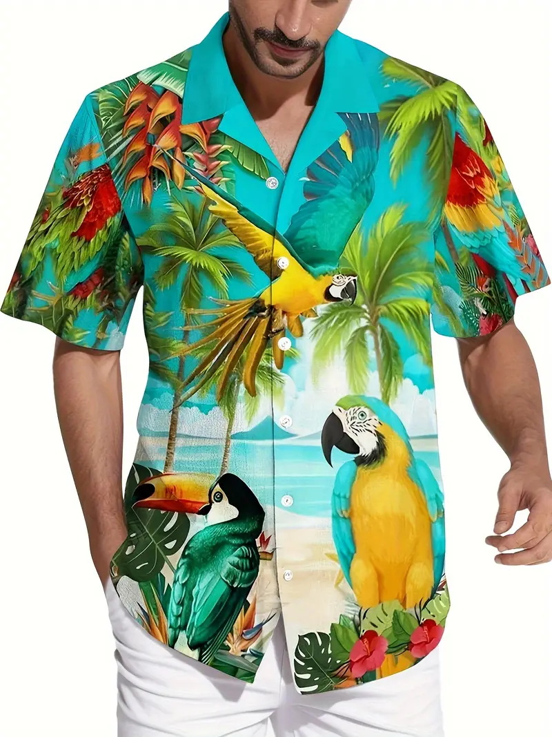 Camicie Hawaii da uomo con stampa floreale tropicale pappagallo vibrante Camicia da spiaggia casual a maniche corte abbottonata per le vacanze estive da uomo