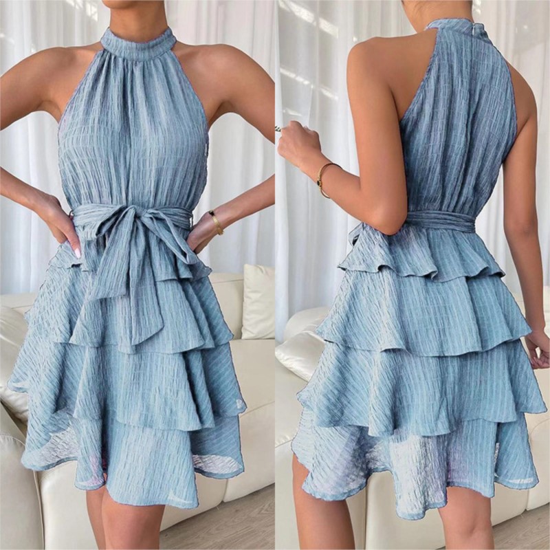 Elegant ผู้หญิงสีฟ้าคอผูกชุดมินิ Vestidos ฤดูใบไม้ผลิและฤดูร้อนแฟชั่นสไตล์ใหม่ Patchwork Ruffle Edge Dress