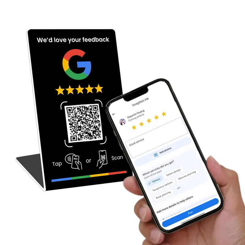 NFC 215 프로그래밍 가능 구글 리뷰 카드 NFC 스테이션 테이블 13.56Mhz QR 코드는 스탠딩 카드에 연결하기 위해 독립적으로 설정할 수 있습니다.