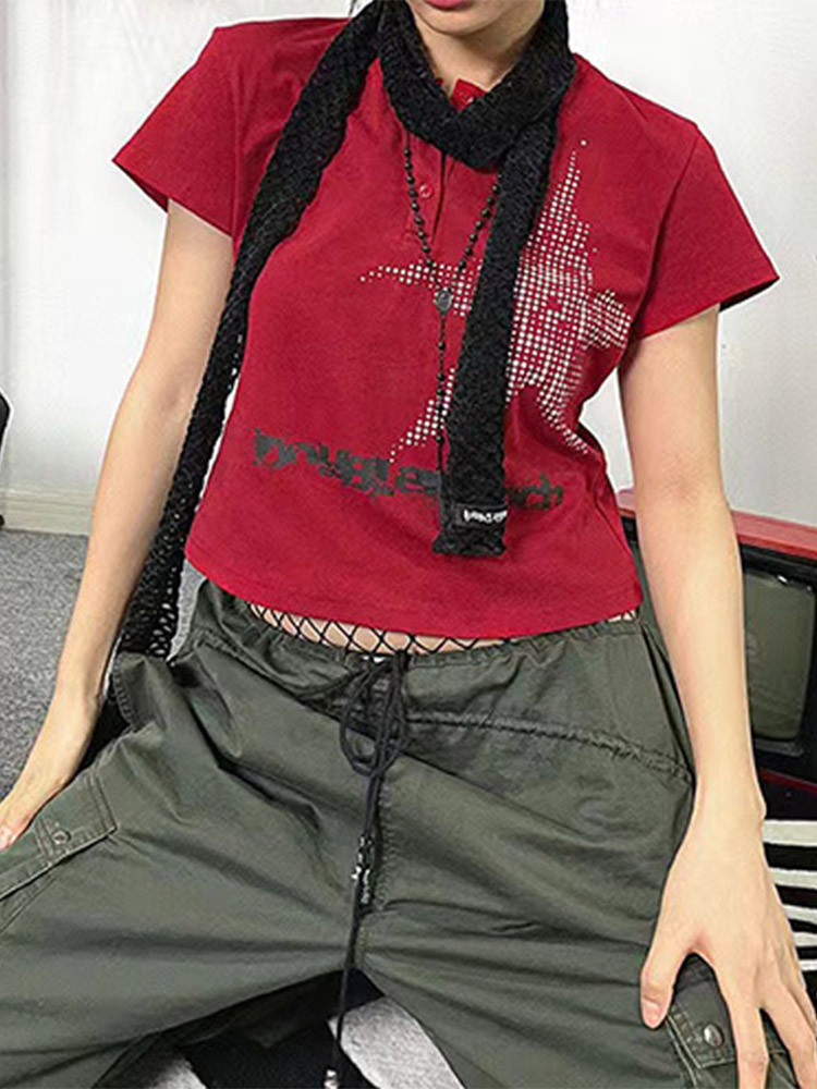 Harajuku Crop Top Stile giapponese Modello a stella Girocollo Manica corta T-shirt Graphic Tee y2k Abbigliamento donna Streetwear