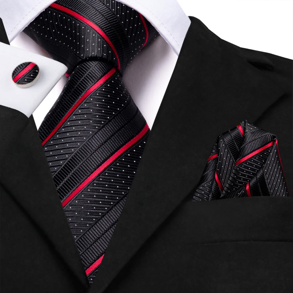 Gravata de casamento de seda listrada vermelha preta para homens handky abotoadura presente gravata masculina moda festa de negócios dropshiping hi-tie designer
