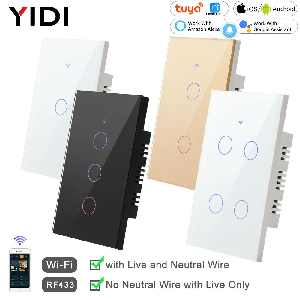 2-Wege Smart RF433 Fernbedienung Wandleuchte Touch-Schalter Licht Glas WiFi Tuya Smart Life US USA Weiß Schwarz Gold Alexa EIN AUS