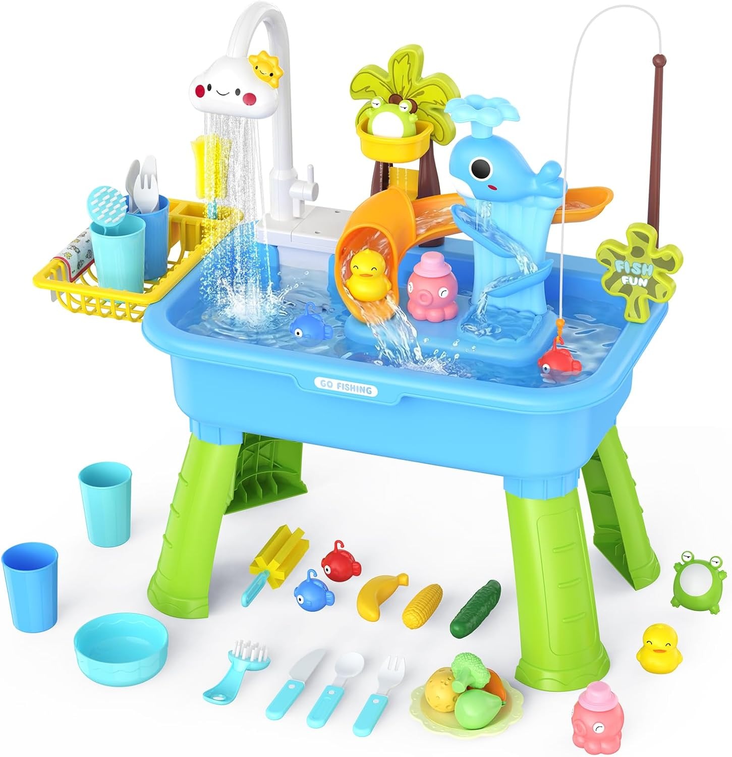 Mesa de agua mejorada 2026 para niños pequeños, juguete de fregadero de cocina con bomba eléctrica, juego sensorial de pesca con agua corriente, juguetes de verano para exteriores
