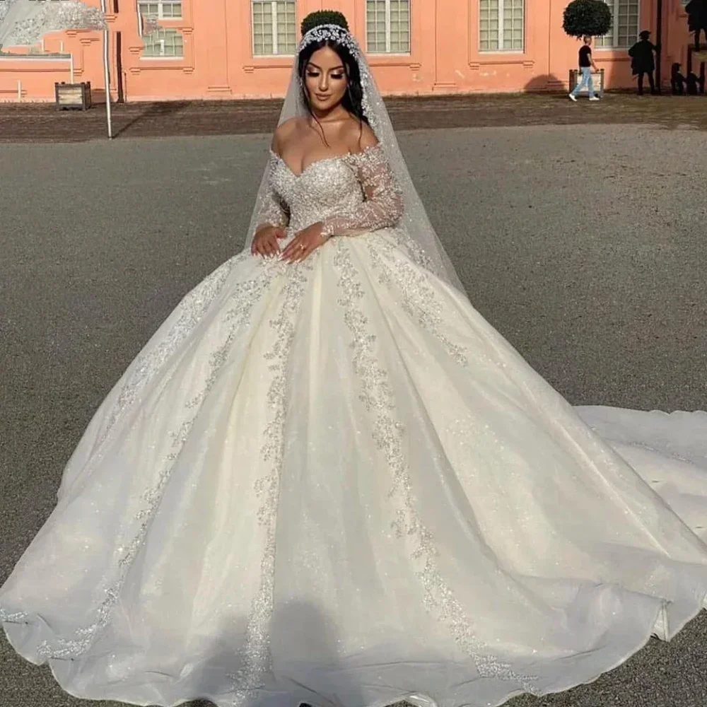 Vestido de Noiva Personalizado com Decote em V Brilhante, Ombro a Ombro, com Apliques de Renda, Estilo Princesa, Vestido Longo