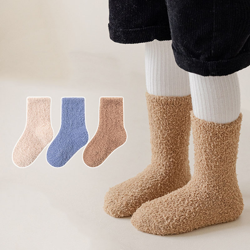 3 pares/lote crianças meias de chão inverno quente cor sólida coral veludo crianças meia de tubo médio para meninos e meninas