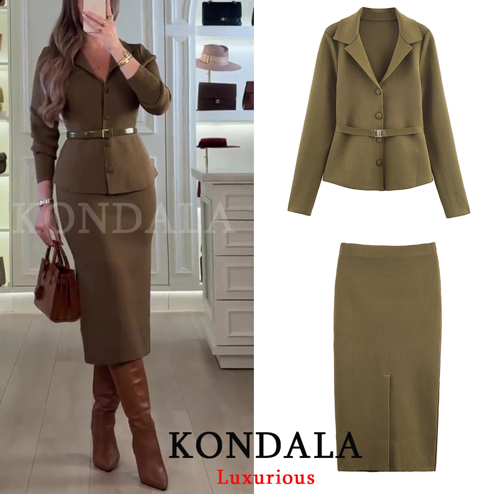 KONDALA Casual Chic Verde Donna Abiti in maglia Manica lunga Scollo a V Cardigan slim Guaina Gonne longuette divise Moda 2025 Set vintage