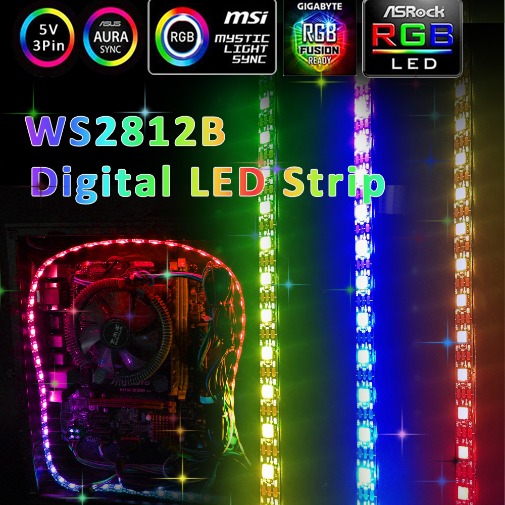 Ws2812b 5v 3pin argb led luz de tira endereçável 5050 fita flexível asus aura sincronização caso pc fita lâmpada cor gamer iluminação desktop