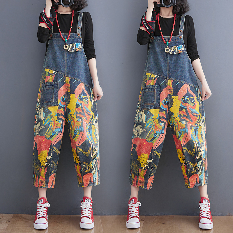 Streetwear retalhos impressão denim macacões feminino solto perna larga dungarees calças largas macacão primavera verão jeans macacão