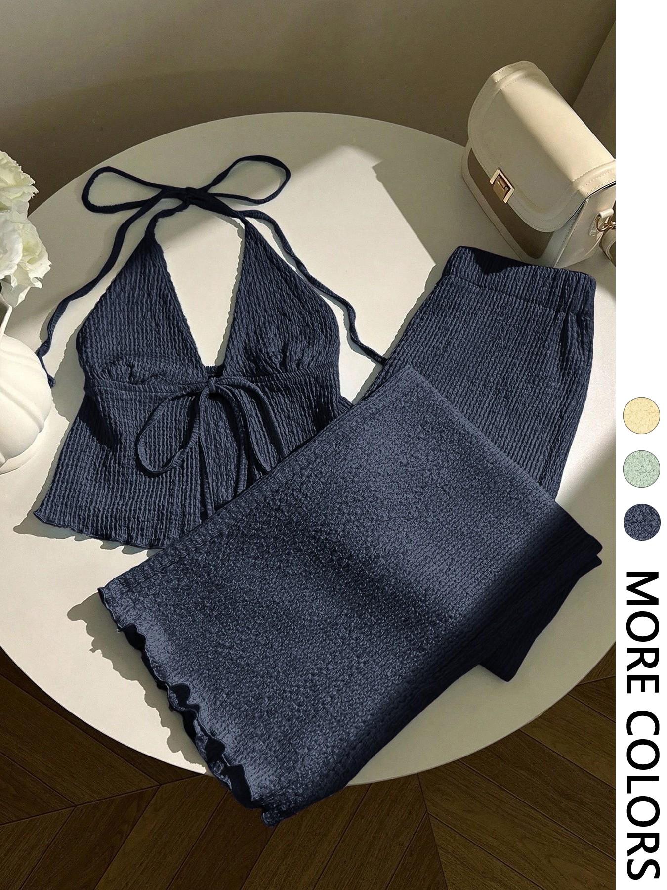 Conjunto Feminino de Top com Decote Texturizado e Calças de Perna Larga, Design de Decote em V Profundo, Detalhe de Amarração Frontal, Design de Cintura Elástica, Conjunto de 2 Peças