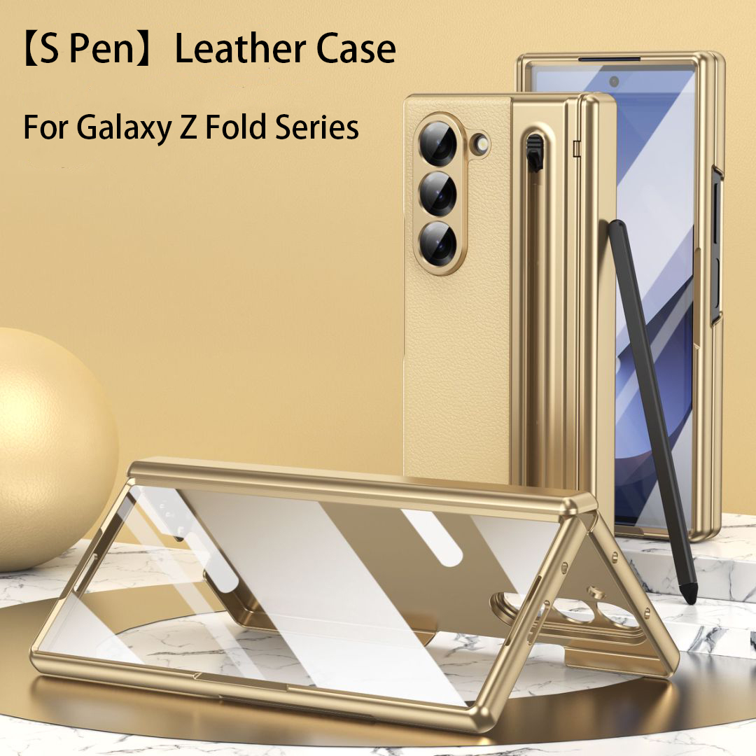 Чехол для телефона S Pen для Galaxy Z Fold6 Fold5, защита шарниров и встроенная защитная пленка для экрана, кожаный чехол для телефона Fold4 Fold3 Gold
