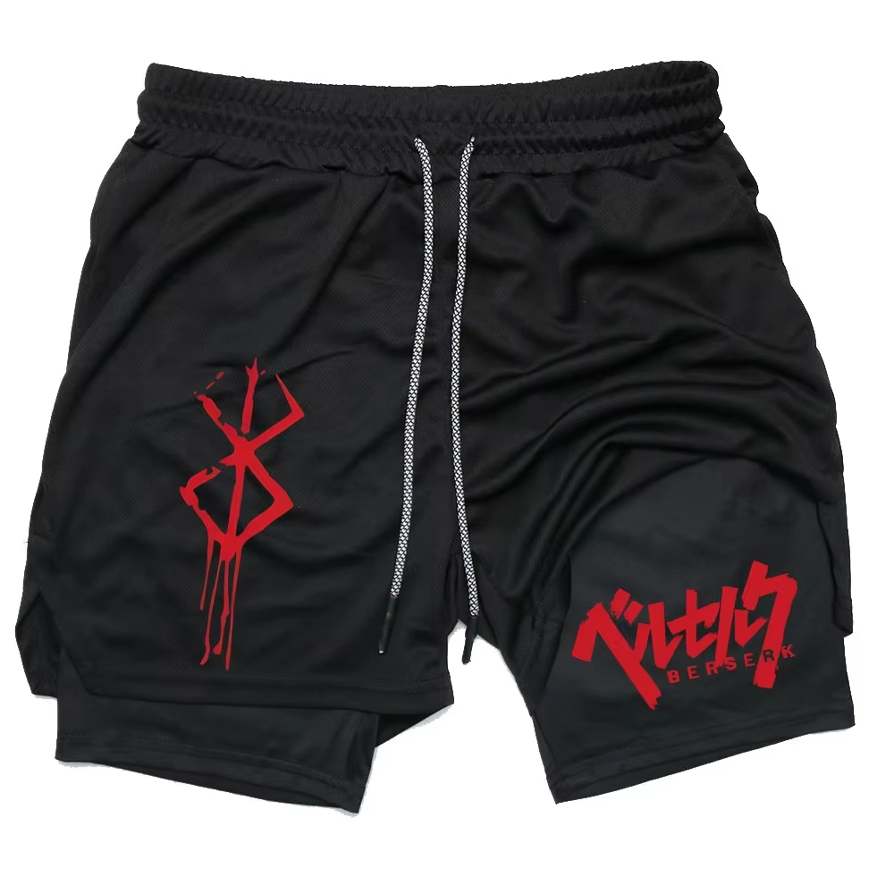 ‌ Shorts de compression 2 en 1 Anime Berserk pour hommes - Vêtements de sport pour la course, l'entraînement, le yoga, la gym avec poches