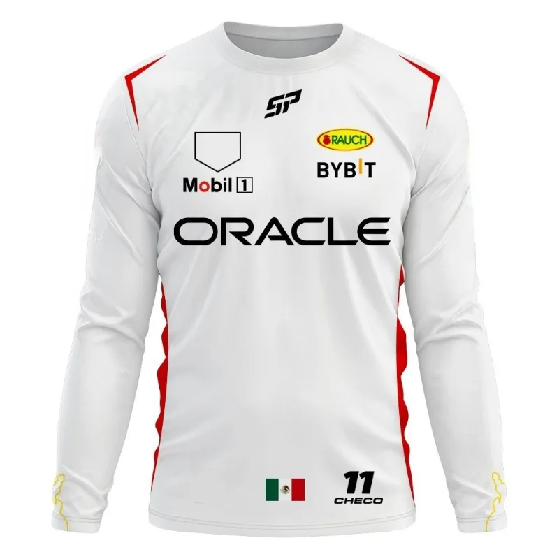F1 equipe manga longa camiseta primavera e outono edição extra grande camiseta masculina 2024 vermelho equipe checo 11 roupas de motorista camiseta