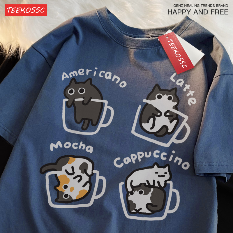 Camiseta holgada de manga corta de verano a la moda de algodón puro con café de gato para hombres y mujeres, camisetas originales de Mocha Latte Cat con tres flores y gatos divertidos