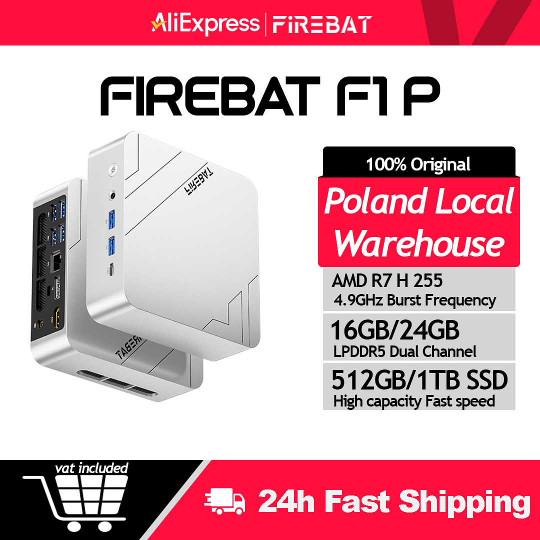 Firebat Mini PC F1 P AMD Ryzen 7 H 255 DDR5 16GB 24G 512GB 1TB SSD Windows 11 Pro Computador Mini Desktop para Jogos Wi-Fi 6 USB4.0