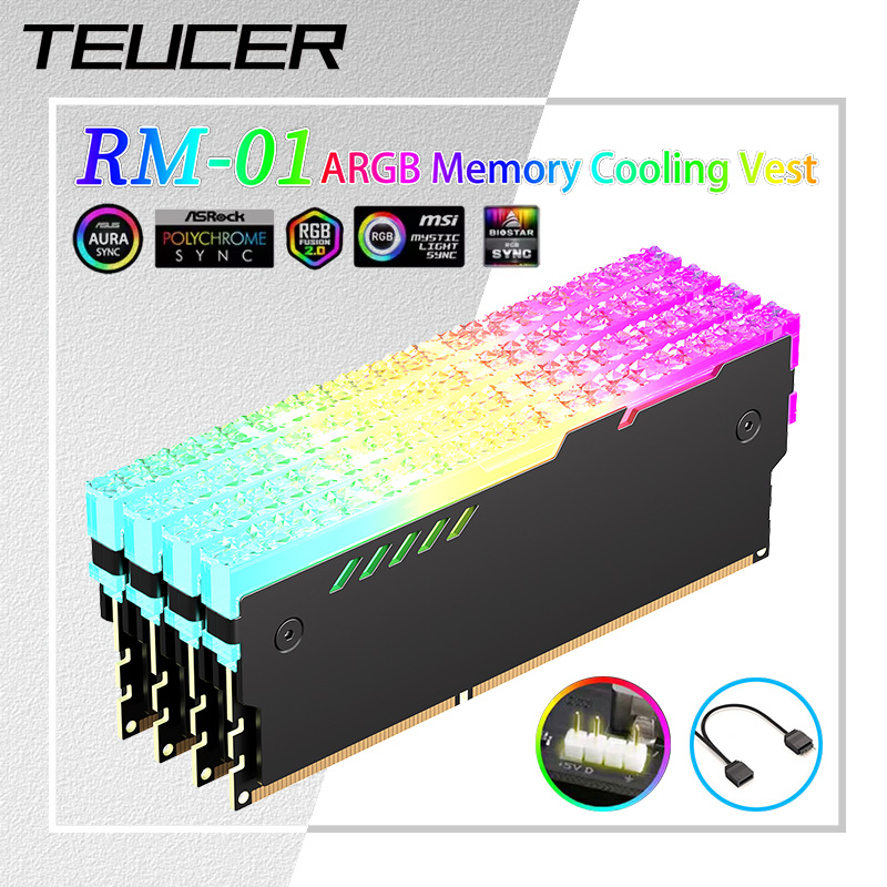 Teucer 5V 3Pin ARGB RAM Heatsink Aura Sync DDR4 DDR3 Memory Heat Sink with Thermal Silicone Pad for Desktop Computer PC Memory