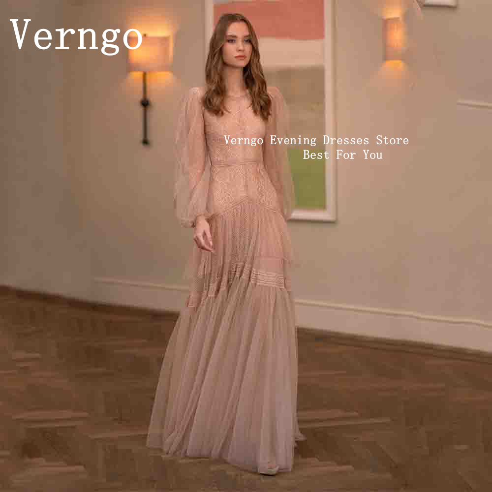 Verngo-vestidos elegantes de encaje rosa para graduación, vestido de fiesta de boda con cuello en V y línea A para mujer, vestido de noche Formal Maxi de manga larga personalizado