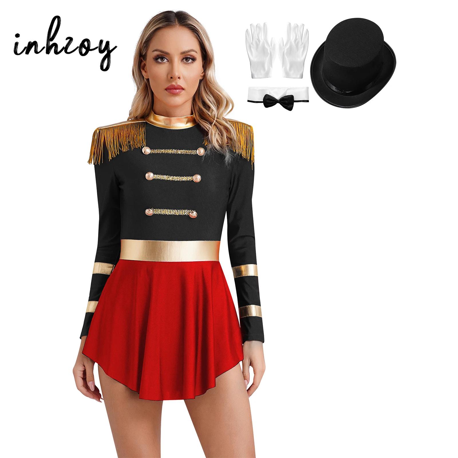 Women Circus Ringmaster Costume Long Sleeve Fringed Leotard Dress Clubwear Halloween Carnival Party Adults Role Play Dress Up