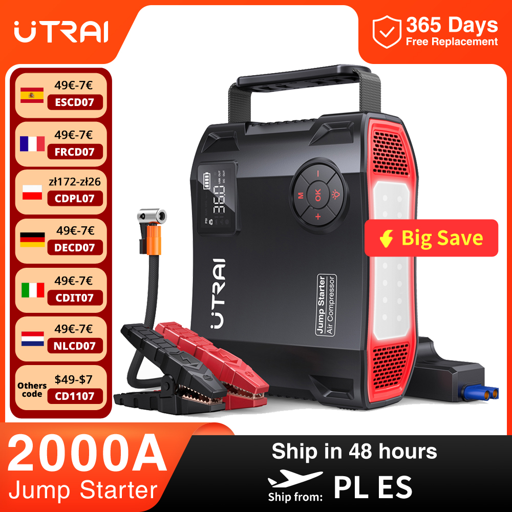 UTRAI 4 en 1 2000A arrancador de batería banco de energía 16000mAh 150PSI compresor de aire bomba de neumáticos cargador portátil dispositivo de arranque de refuerzo de coche