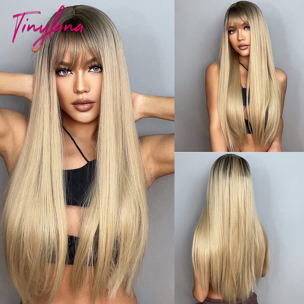 Pelucas sintéticas rubias claras, peluca de pelo rubio marrón largo liso para mujeres blancas, parte media, Cosplay, pelo Natural resistente al calor